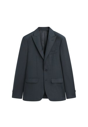 Mørkegrå, enkeltknappet herreblazer med notch revers, enkelt knaplukning, forlommer med klap og brystlomme.