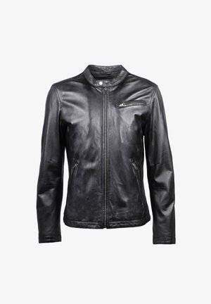 Zwarte leren jas met een opstaande kraag, ritssluiting aan de voorkant en drie ritszakken, met een soepele textuur en een aansluitend design.