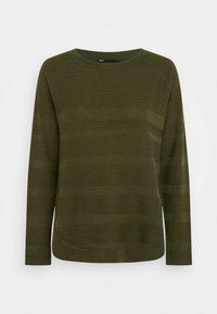Olivgrüner Pullover mit langen Ärmeln, strukturiertem Streifenmuster, rundem Halsausschnitt und leicht abgerundetem Saum. Aus weichem Strickmaterial gefertigt.