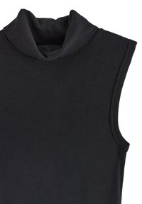 Sort ribbet ærmeløs top med en draped hals. Stoffet har et struktureret mønster og en tætsiddende design, der fremhæver en glat overflade.