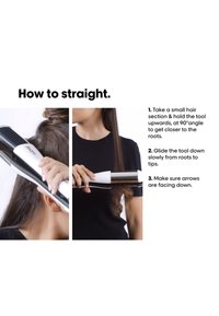 Outil lissant pour cheveux avec un design noir et blanc, présentant une surface élégante et lisse. Montre la technique d'utilisation sur des cheveux raides.