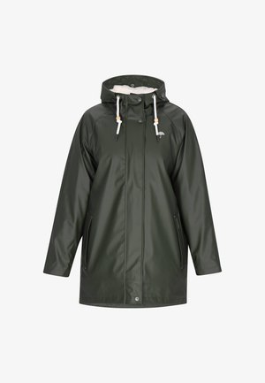 Veekindel roheline vihmamantel kapuutsiga, pehme vooder, lukuga küljetaskud ja reguleeritav nöör puidust detailidega.