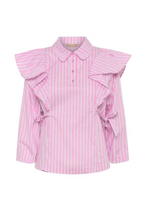 Blouse à manches longues rayée verticalement rose et blanche, avec épaules à volants, col boutonné et détails noués sur les côtés.