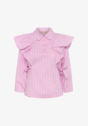 Blouse à manches longues rayée verticalement rose et blanche, avec épaules à volants, col boutonné et détails noués sur les côtés.