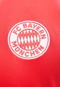 Το λογότυπο της FC Bayern Munich κεντημένο με λευκό και κόκκινο σε κόκκινο υφασμάτινο φόντο.