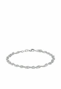 Pulsera de plata con eslabones entrelazados, acabado brillante y texturizado, y un broche seguro. El diseño es delicado e intrincado.