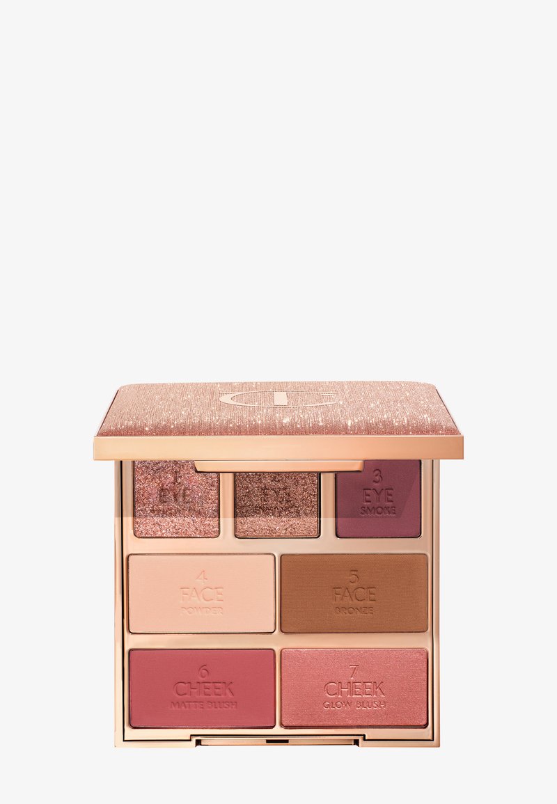 Compact makeup palette with a rose gold textured lid; contains four powder shades for the face, two blushes, and an eyeshadow.