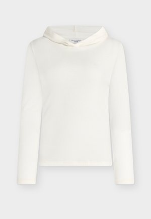 Weißer Hoodie mit langen Ärmeln aus geripptem Stoff mit weicher Textur. Verfügt über einen abgerundeten Ausschnitt und ein schlichtes Design ohne Akzente.