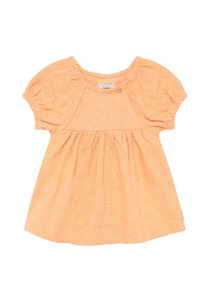 Oranje katoenen jurk met korte pofmouwen, voorzien van een bloemig ajourpatroon en een geplooide taille. Label genaaid in de zijnnaad.