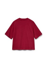 Maglietta in cotone rossa con maniche corte e scollatura rotonda, caratterizzata da una texture liscia e un design semplice, di un solo colore.