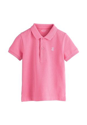 Pinkes Poloshirt mit Kragen, kurzen Ärmeln, einer dreiknöpfigen Knopfleiste und einem kleinen weißen Logo-Detail auf der Brust. Texturiertes Baumwollmaterial.