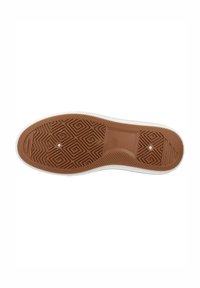 Suela de zapato de goma con un diseño marrón de patrones que presentan líneas y texturas geométricas, bordeada por un borde blanco.