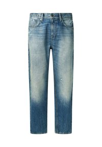 Jeans de denim azul claro con un diseño desgastado, corte recto y un ligero desgarro. Presenta un estilo tradicional de cinco bolsillos y una cremallera en la bragueta.
