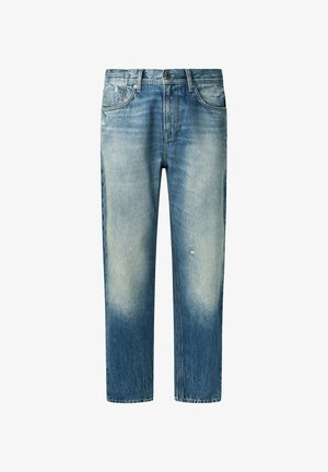 Svjetloplave traperice s izblijedjelim dizajnom, ravnog kroja i blagim trošenjem. Imaju klasičan stil s pet džepova i zatvaranje na patentni zatvarač.