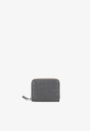 Small gray woven leather wallet with zipper closure and pull tab, shown against a white background.