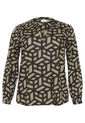 Blúzka s dlhým rukávom vyrobená z ľahkej tkaniny, s geometrickým čiernym a béžovým vzorom, so slabým výstrihom do V a naťahovacími manžetami.