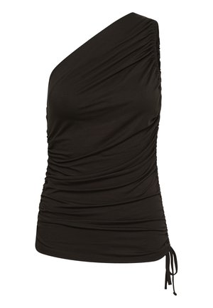 Schwarzes ärmelloses, gerafftes Oberteil mit einem Schulterriemen und verstellbarer seitlicher Bindung am Saum.