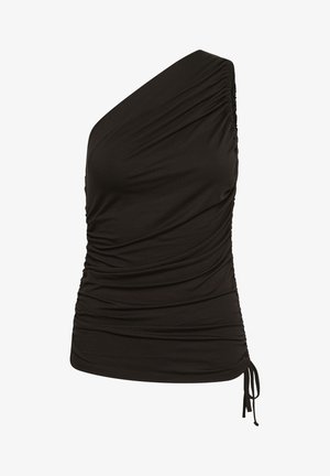 Sort ærmeløs top med rynket design, én skulderstrop og justerbar sidestrop ved kanten.