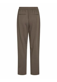 Brązowe, lekkie spodnie z elastycznym paskiem, o gładkiej fakturze, z dwoma tylnymi kieszeniami i zwężanymi nogawkami.