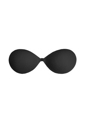 Reggiseno senza spalline in silicone nero con coppe lisce e sagomate che si restringono verso il centro con una leggera lucentezza e hardware minimo.