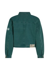 Green denim jacket featuring a collar, long sleeves, and a logo patch on the sleeve with a branded label at the bottom.