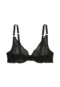 Soutien-gorge en dentelle noire avec des bonnets transparents à motifs floraux, bretelles réglables, soutien-gorge à armatures et bords festonnés le long du décolleté.