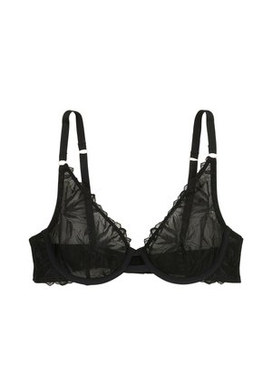Soutien-gorge en dentelle noire avec des bonnets transparents à motifs floraux, bretelles réglables, soutien-gorge à armatures et bords festonnés le long du décolleté.
