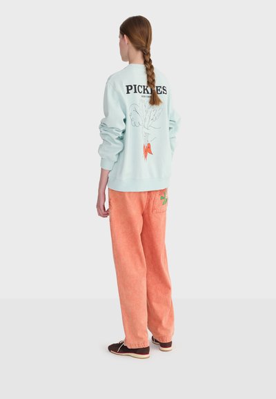 Mladá žena s vrkočmi, oblečená v svetlomodrej mikine s nápisom „PICKLES“ a ilustráciou mrkvy, koralových širokých nohaviciach a čiernych topánkach, stojaca.