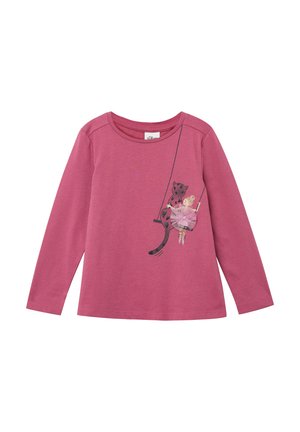 Long-sleeve pink cotton shirt featuring a black cat and a ballerina graphic on the front, with a round neckline and soft texture.