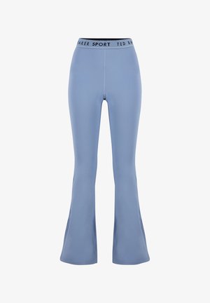 Leggings de sport bleu clair taille haute avec jambes évasées et ceinture élastique arborant le logo "Ted Baker Sport".