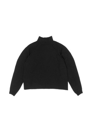 Zwarte gebreide trui met een hoge hals, raglanmouwen en geribbelde manchetten. Heeft een cropped ontwerp en een gladde textuur.
