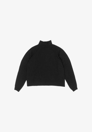 Zwarte gebreide trui met een hoge hals, raglanmouwen en geribbelde manchetten. Heeft een cropped ontwerp en een gladde textuur.
