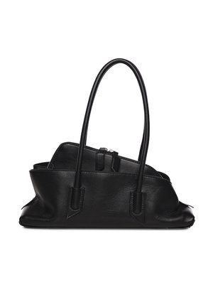 Sac à main en cuir noir avec deux longues anses et un compartiment zippé à l'intérieur, posé sur un fond blanc.