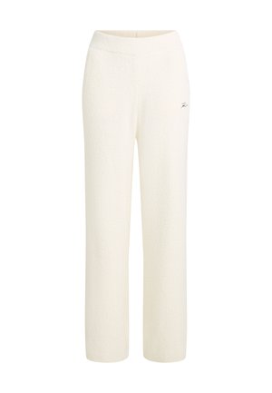 Pantalons blancs texturés au design large, avec une taille élastique et un petit logo sur le devant.