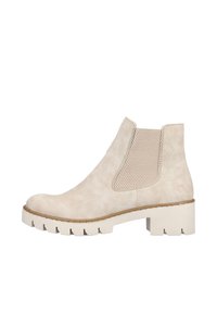 Bottine beige avec un design structuré, en matière suédine, panneaux latéraux élastiques et une semelle en caoutchouc texturée, dotée d'un petit talon bloc.
