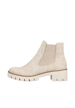 Beige enkellaarsje met een gestructureerd ontwerp, van suede materiaal, met elastische zijpanelen en een getextureerde rubberen zool, voorzien van een lage blokhak.
