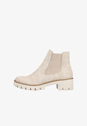 Stivale beige alla caviglia con un design strutturato, materiale scamosciato, pannelli laterali elasticizzati e una suola in gomma testurizzata, caratterizzato da un tacco basso a blocco.