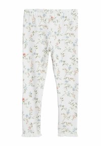 Bloemenleggings in witte stof met roze en blauwe bloemenpatronen, met geribbelde manchetten en een elastische tailleband, ontworpen voor comfort en stijl.