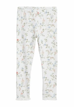 Blumenleggings aus weißem Stoff mit rosa und blauen Blumenmustern, mit Rüschensaum und elastischem Bund, entworfen für Komfort und Stil.