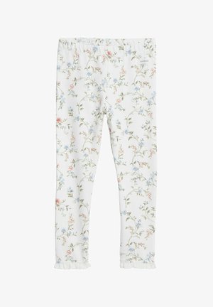 Blommiga leggings i vit tyg med rosa och blå blommönster, volangkant och elastisk midja, designade för komfort och stil.