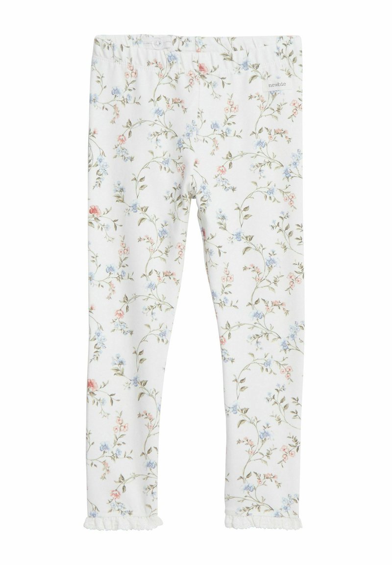 Bloemenleggings in witte stof met roze en blauwe bloemenpatronen, met geribbelde manchetten en een elastische tailleband, ontworpen voor comfort en stijl.