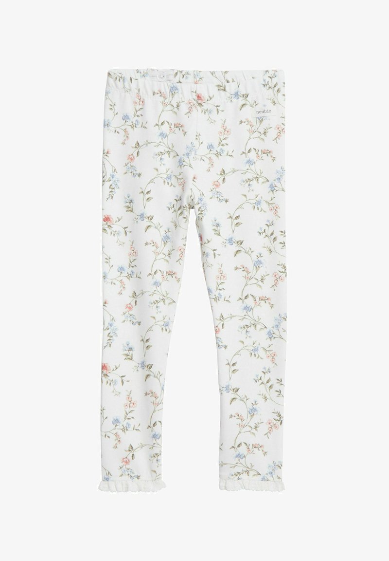 Kukalliset leggingit valkoisesta kankaasta, jossa on vaaleanpunaisia ja sinisiä kukkakuoseja, frillalla varustetut hihansuut ja elastinen vyötärö, jotka on suunniteltu mukavuuden ja tyylin yhdistämiseksi.