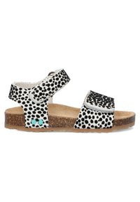 Zwart-witte sandalen met stippen, voorzien van een verstelbare band, kurken zool en teal accenten. Tijk van stof met een gestructureerde oppervlakte.