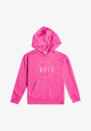 Pink hoodie with a front pocket and a drawstring hood. Features a white graphic text logo, "ROXY," and established date, "since 1990."