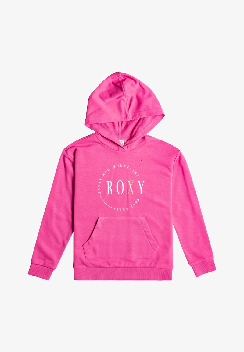 Haut à capuche rose avec une poche frontale et un cordon de serrage. Présente un logo graphique en texte blanc, "ROXY," et la date de création, "depuis 1990."