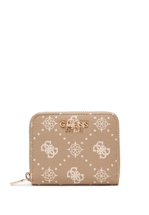 Portafoglio Beige Guess con cerniera a tutto giro, logo bianco e motivi a stelle, superficie texturizzata e nome del marchio e cursore della cerniera in tonalità oro.