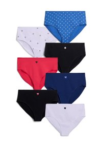 Eight pairs of women's underwear: blue with hearts, white with dots, black, red with heart, and navy with bow accents, all in cotton material.