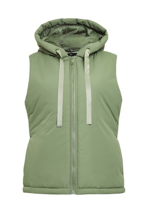 Chaleco acolchado verde con capucha, cremallera en el frente y cordones en un gris claro. Textura suave y diseño sin mangas.