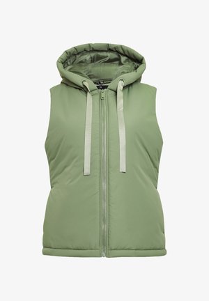 Chaleco acolchado verde con capucha, cremallera en el frente y cordones en un gris claro. Textura suave y diseño sin mangas.