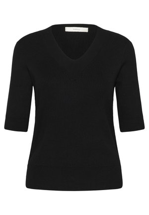 Schwarzer gerippter Pullover mit V-Ausschnitt, halblangen Ärmeln und tailliertem Schnitt. Verfügt über eine einfarbige Gestaltung ohne sichtbare Muster oder Akzente.